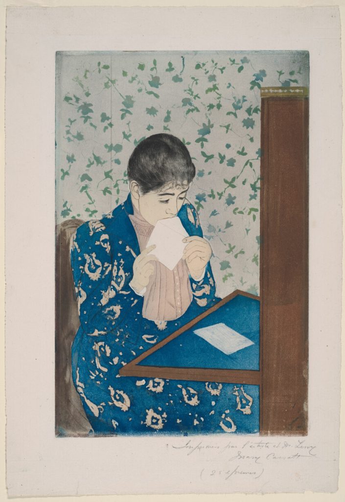 A woman in a blue patterned dress, before a grey wall bearing similar motifs, seals a letter with her tongue. She is seated at her desk.