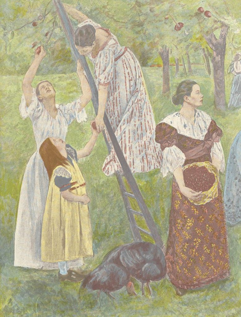 A coloured portion of the mural shows two women and one girl aiding in the picking of apples as another woman, to the right, carries a baskte of fruit.