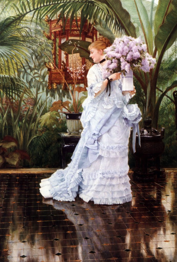 A woman in an intricate and vibrant pink-purple dress holds a bouquet of lilacs before a luxurious interior garden.