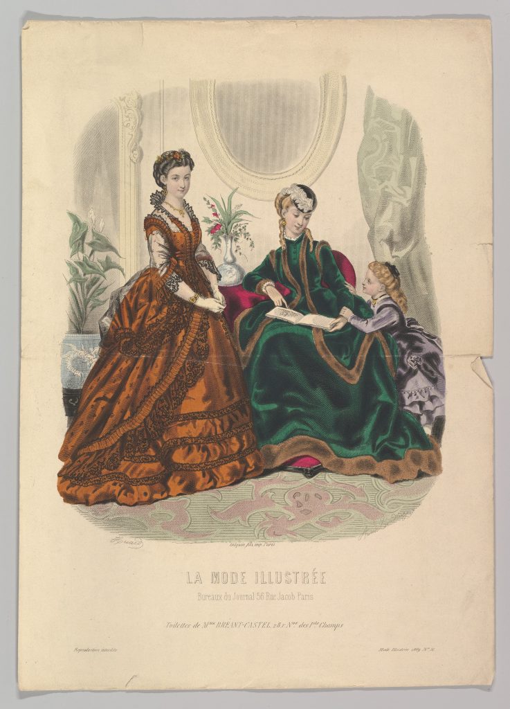 This issue features a drawing of two women, in fashionable dresses, aiding a child in reading. The young girl, in turn, is equally coiffed and clad in a fancy dress.