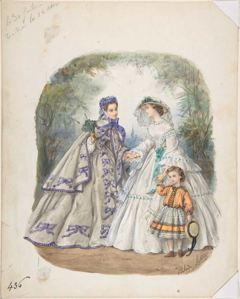 A watercolour vignette of two women and a child, all in intricate vibrant clothes. The women's dresses cascade and are interwoven with motifs.