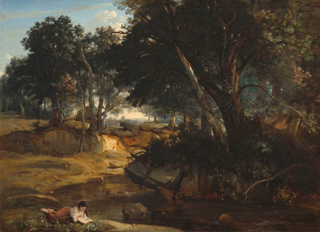 A vast forested scene, rich in detail and divided by a small river, overlooms over a woman reading, laying on her stomach by the water.