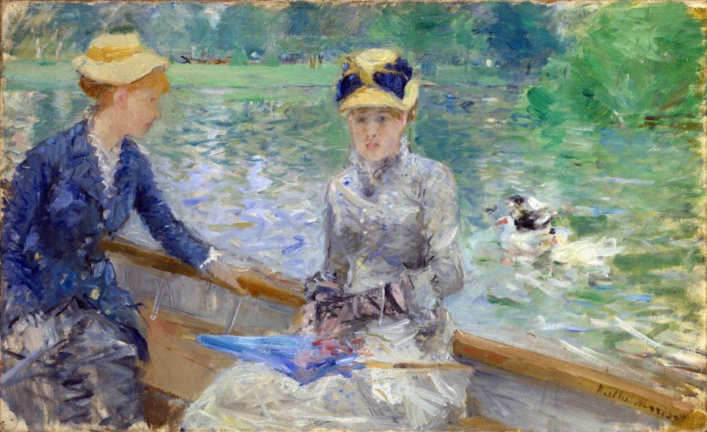 A painterly scene of two woman on the water, a park lake no doubt. One turns backwards to look at a duck, the other's sight is on us. They are dressed in fine dresses.