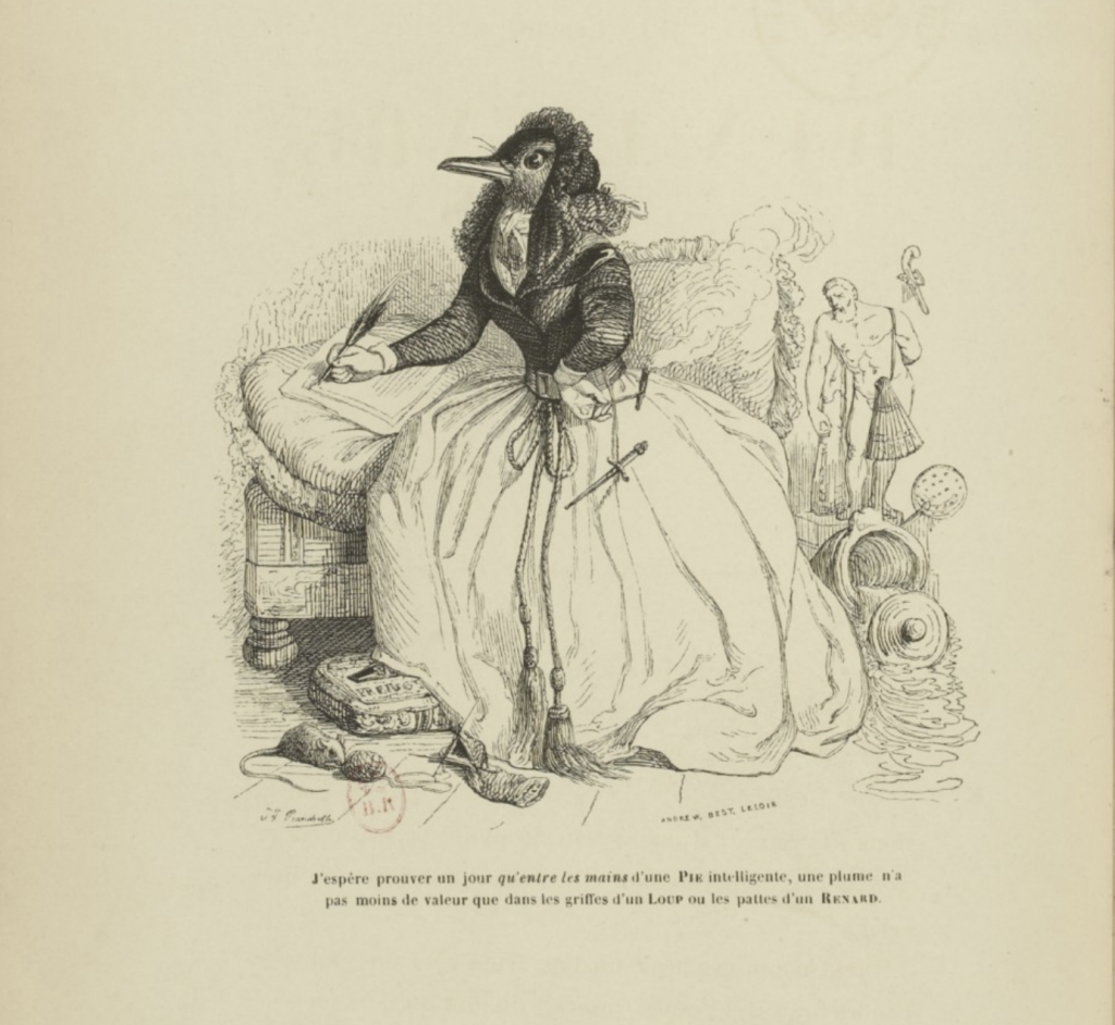 A sketch of a bird, in a modern woman's dress and surrounded by arts and literature, writes of how "One day, a pen in the hands of a bird will be worth no less than one in the hand of a fox or wolf."