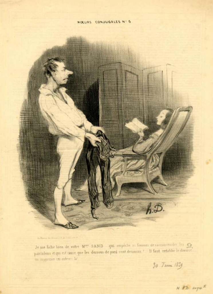 Daumier's caricature has a husband, clutching his pants and complaining, faced with an un-caring wife. The text speaks on the re-establishment of divorce.