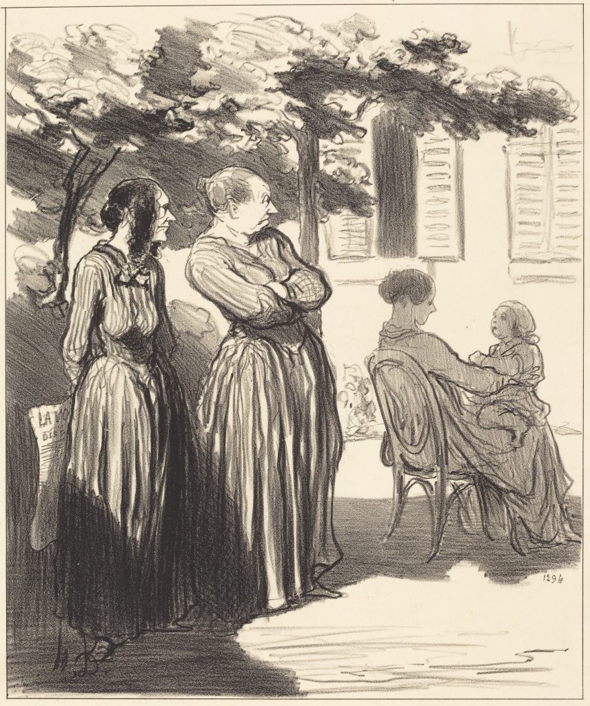 Two standing woman, caricatured to be unattractive, peer at a mother holding her child. The standing women clutch a copy of LA VOIX DES FEMMES behind their backs.