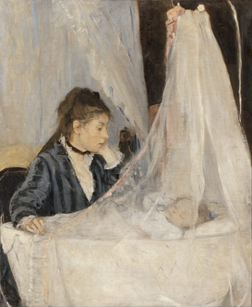 A mother hovers over the cradle of a sleeping baby, presumably her child, which is in turn covered by a thin veil.