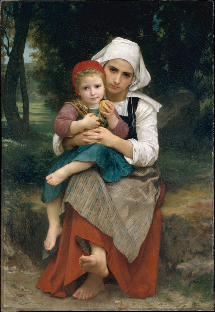 A woman in working class clothes has her child sitting on her lap, who holds fruit. Both look forward, before a wooded backdrop.