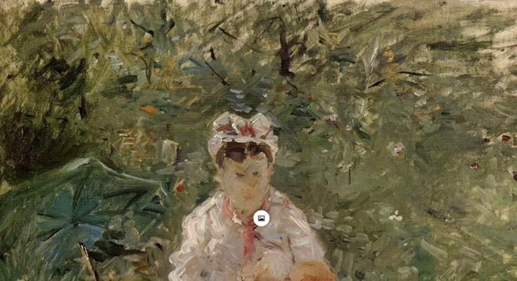 The woman's face is obscured, she wears a pink-white dress.