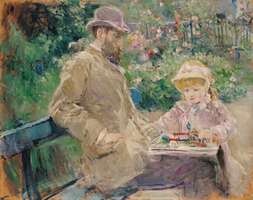 Manet, sporting a beard and sat on a park bench, plays with his daughter with a small model town. A flowerbed can be made out from the background.