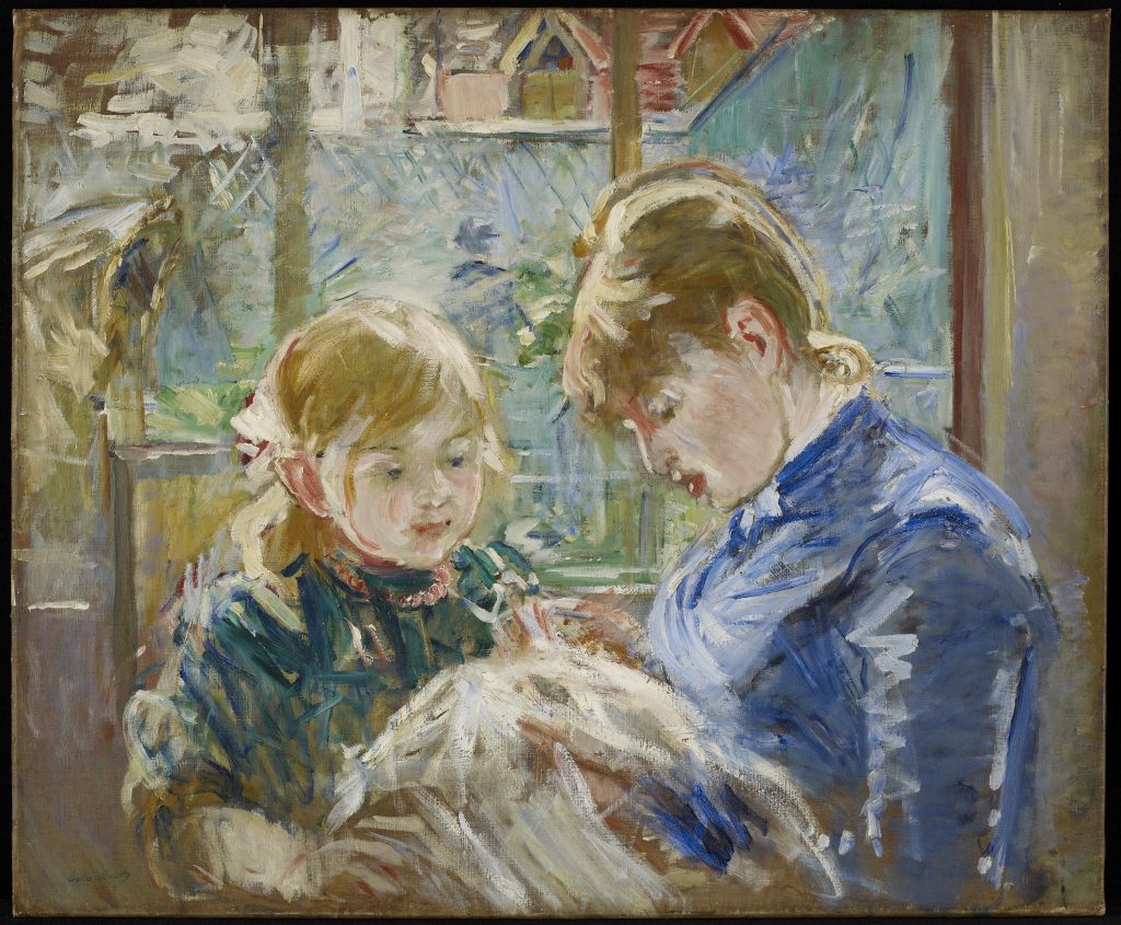 An older woman holds a fabric before a young girl. The domestic interior scene is made up of short vibrant brush strokes.
