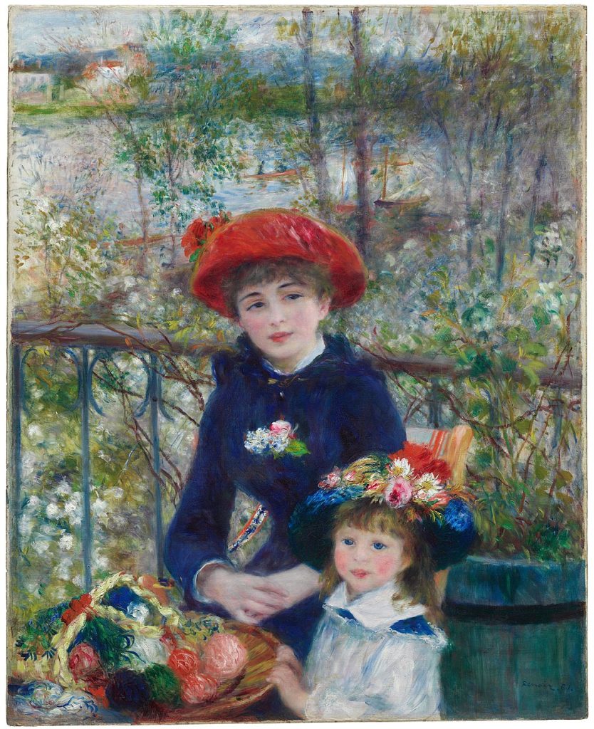 A mother and her child, both sporting colourful flowery hats, are sat by a terrasse before a river. The painting is done in vibrant flowing short strokes.