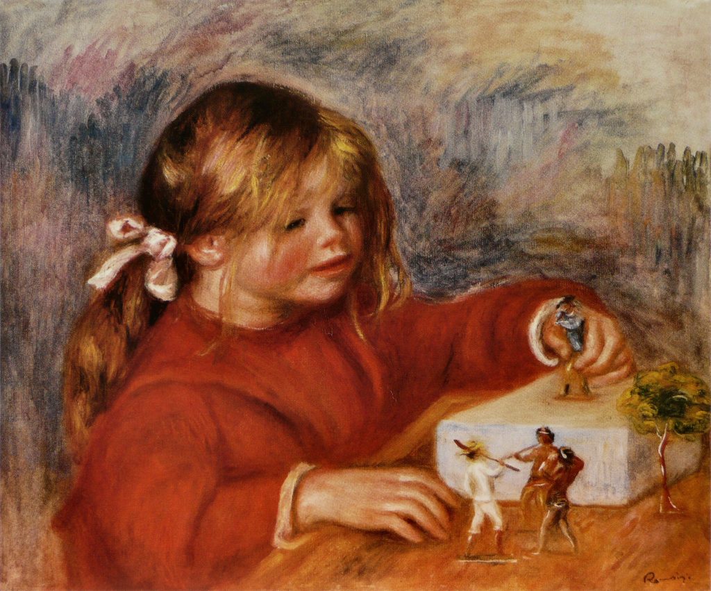 A young girl plays with toy soldiers and native americas, surrounded by flowing thick brush strokes.