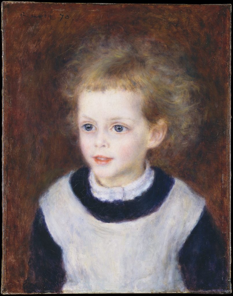 A portrait of a young girl in simple garb, excitedly looking forward. She has bright blue eyes.
