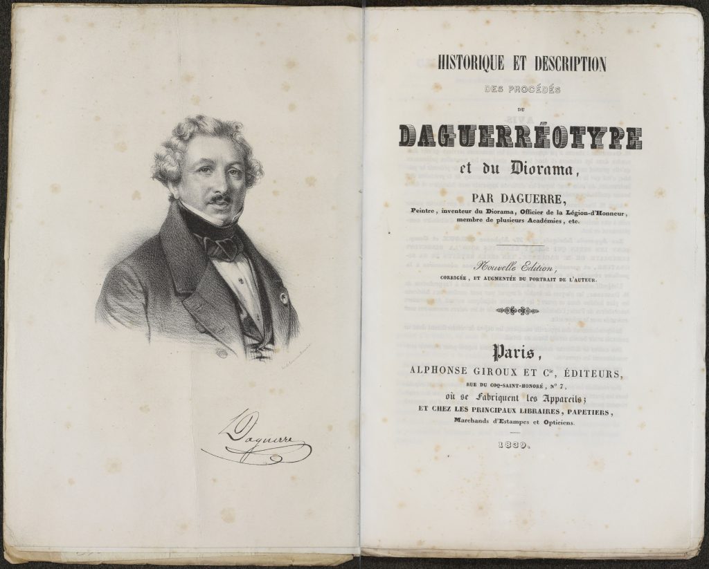 Daguerre's tome elaborating his photographic process includes a signed portrait of him, just prior to the cover page.