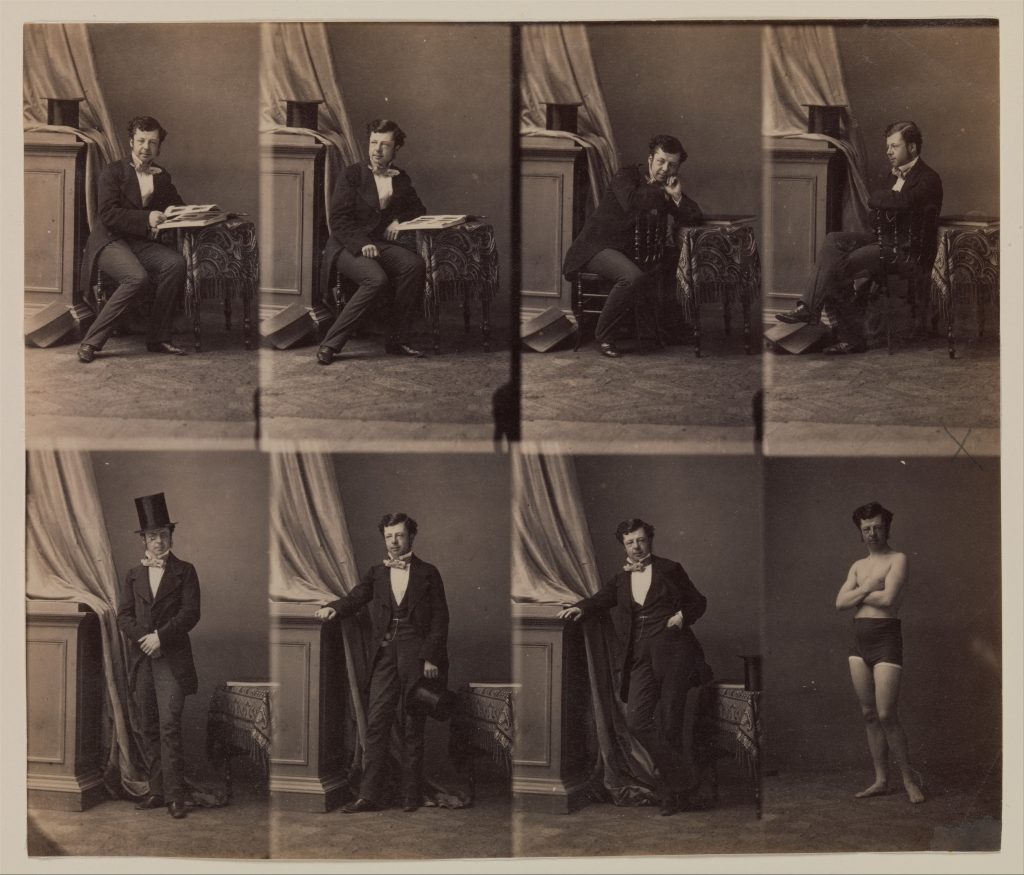 A series of photographic portraits of a man in various states of dress (and finally undress). They all share a setting.