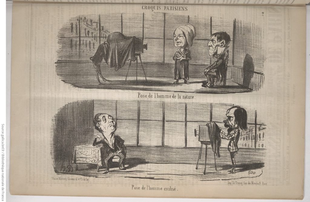 A cartoon caricature of people with ballooned heads portraying the "pose of the natural man" before a camera and the much more refined "pose of the civilised man".