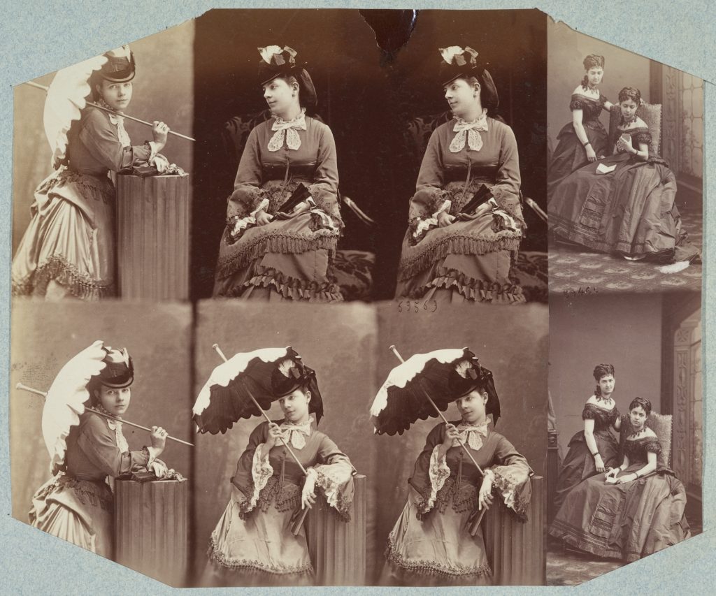 A series of photographic portraits of a woman, posed with slight variations. She is joined by a second woman in two of the eight.