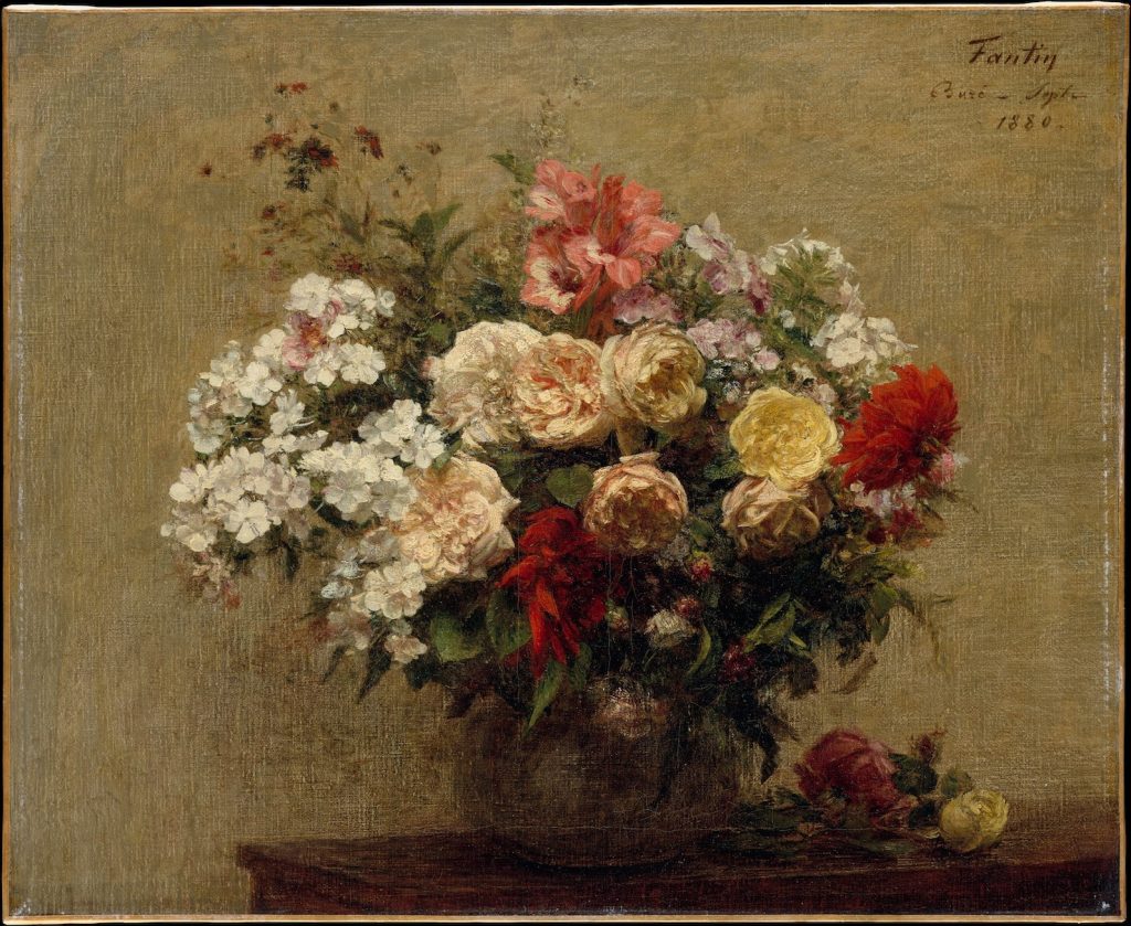 A wide array of flowers in warm tones sat on the edge of a table. A signature is in the top right of the canvas.