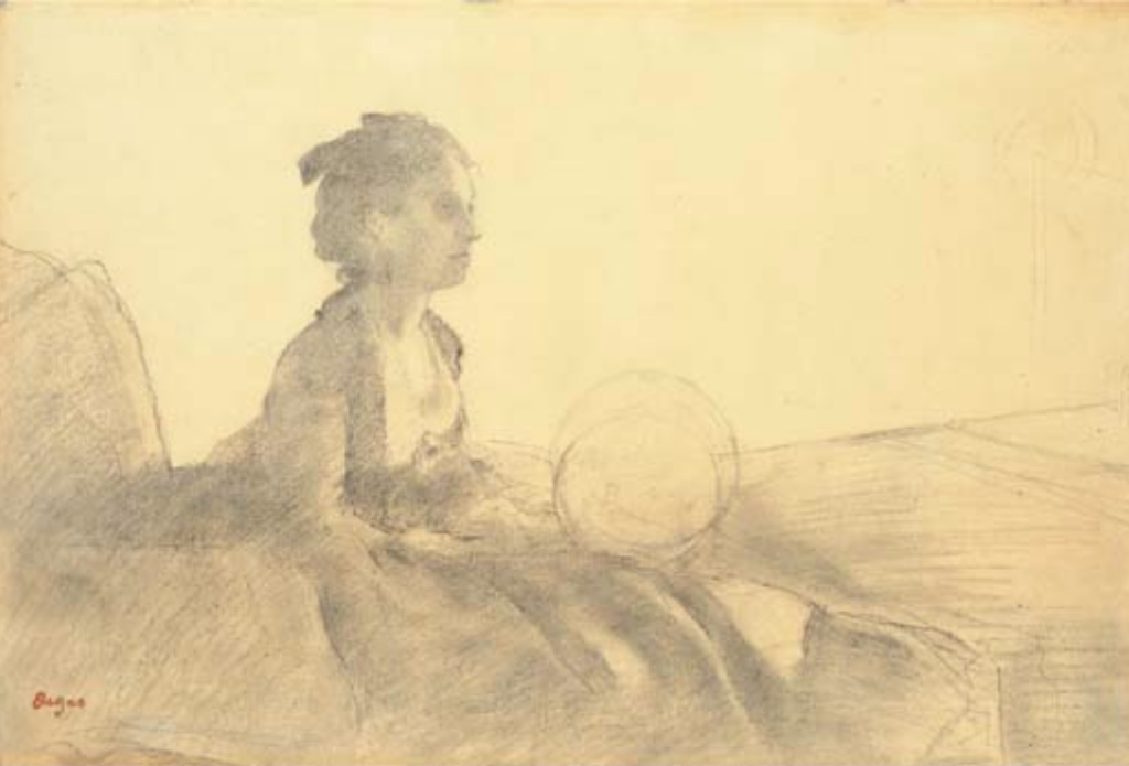 A charcoal sketch of the woman leaning forward, clutching her fan. There is sparse use of furniture and other elements of the future background.