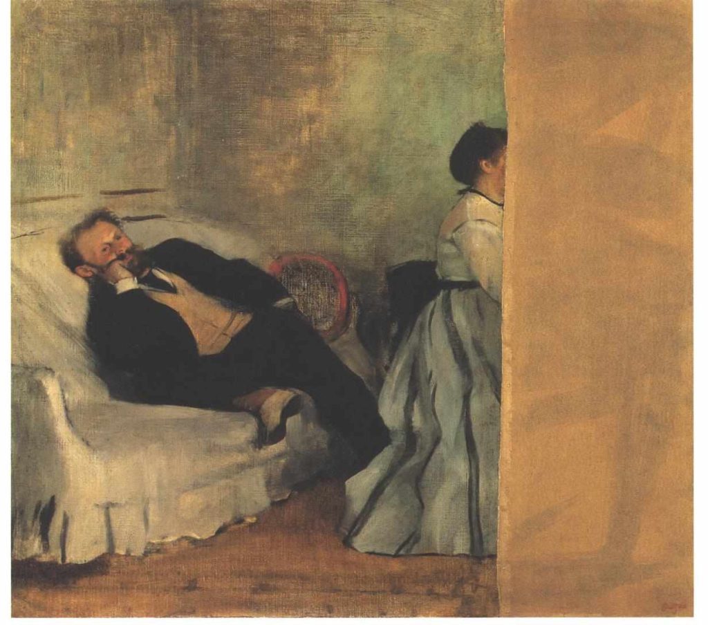 In this painting of a man and a woman, Manet reclines on the furniture while his wife, mostly obscured by the corner of the room, plays piano. There's a yellow tint to the piece.