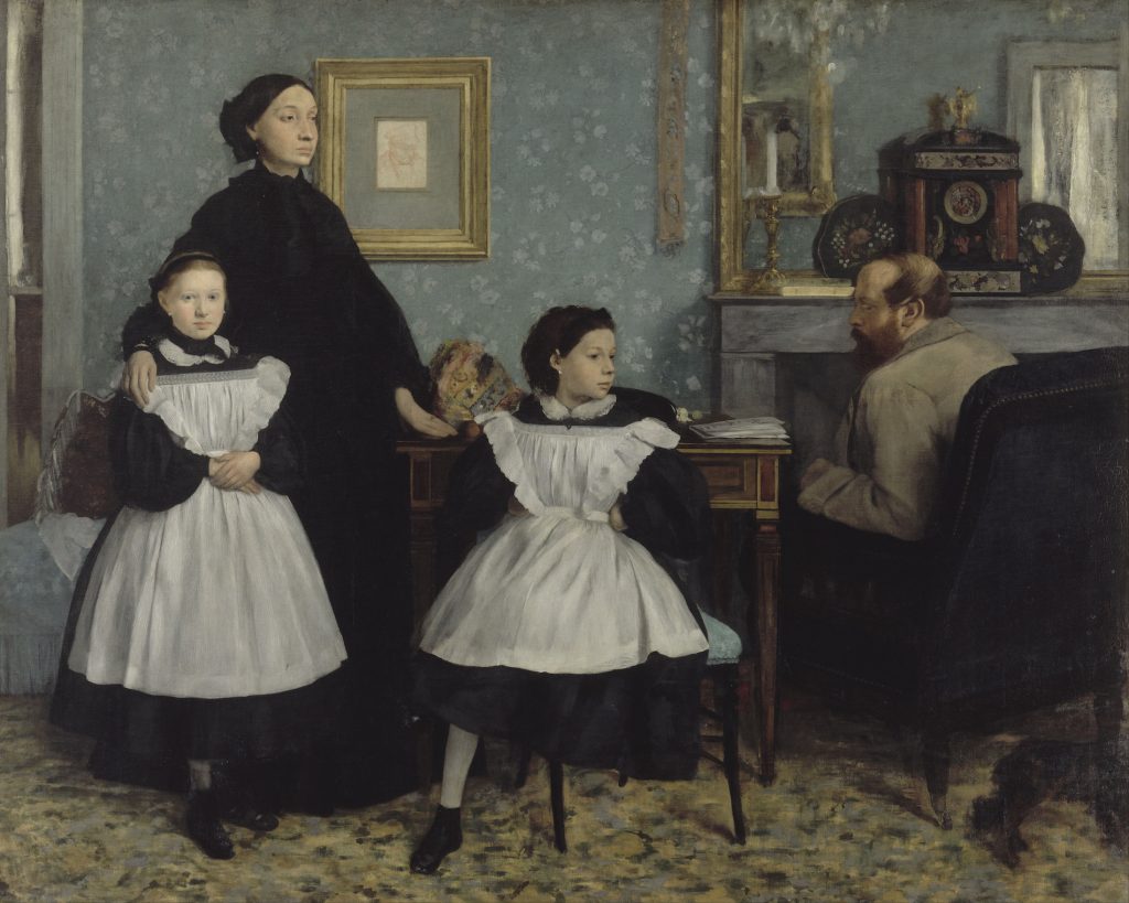 A family portrait of a mother in a black dress, standing by her uniform two daughters, as the father sits at a desk nearby. A small dog is somewhat visible at the bottom of the cavas.