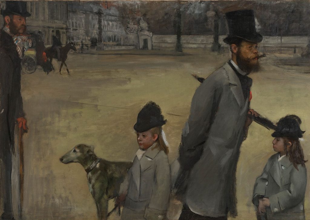 A near empty public square is the backdrop for a family promenade, one father with his two daughters and dog, in this painting of Paris.