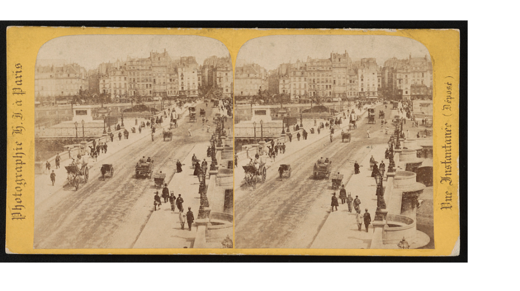 Two squential photographs of the same Paris landscape, the central bridge is filled with people and carriages.
