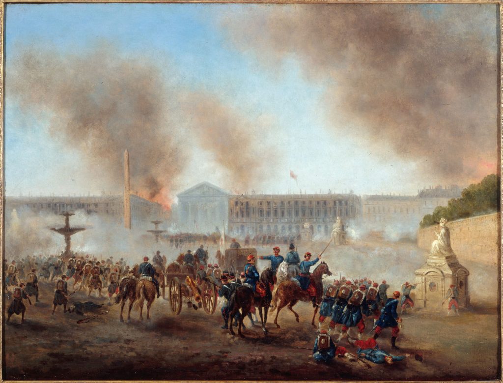 A battleground landscape of a Paris during invasion, crowded with soldiers and artillery. The sky, making up half the canvas, is filled with smoke.