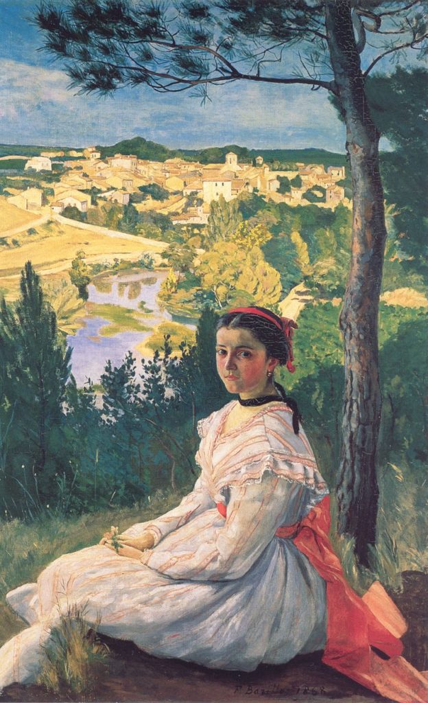 A young girl in a layered pink dress sits before a landscape where we can observe a large village.