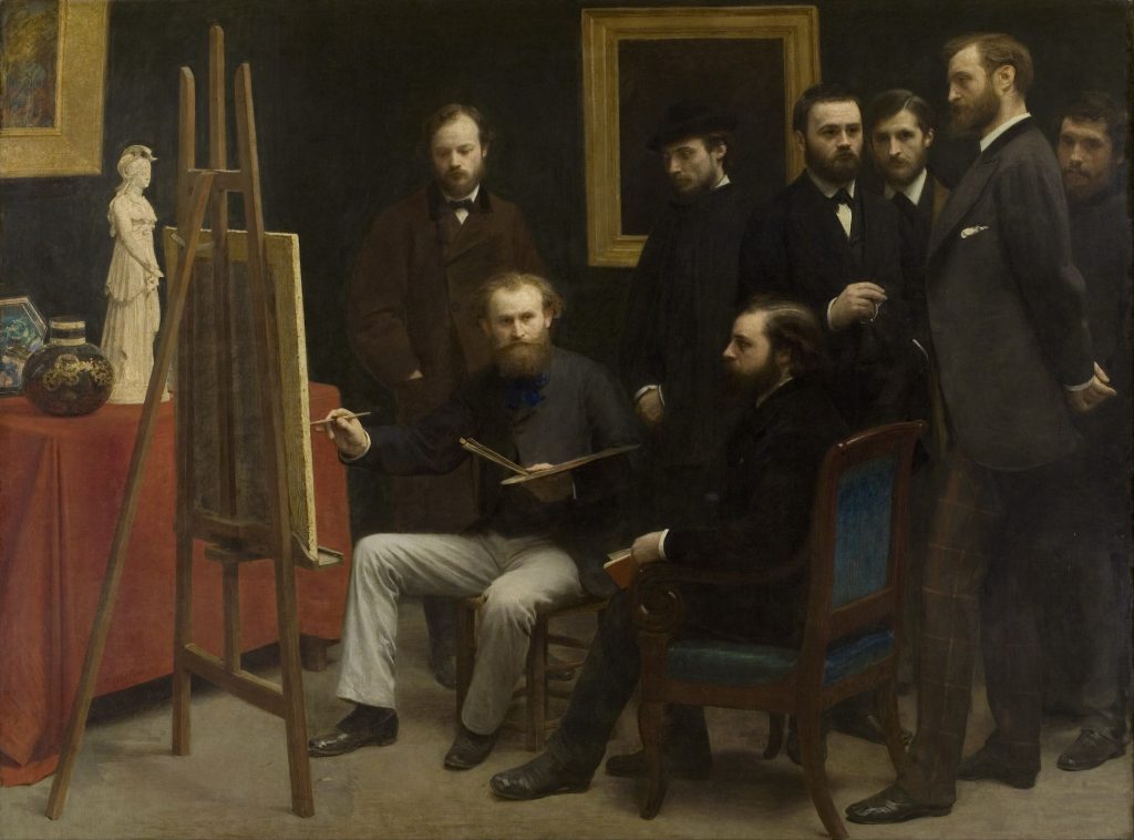 A portrait of various painters and writerscrowded around Manet at work in a studio.