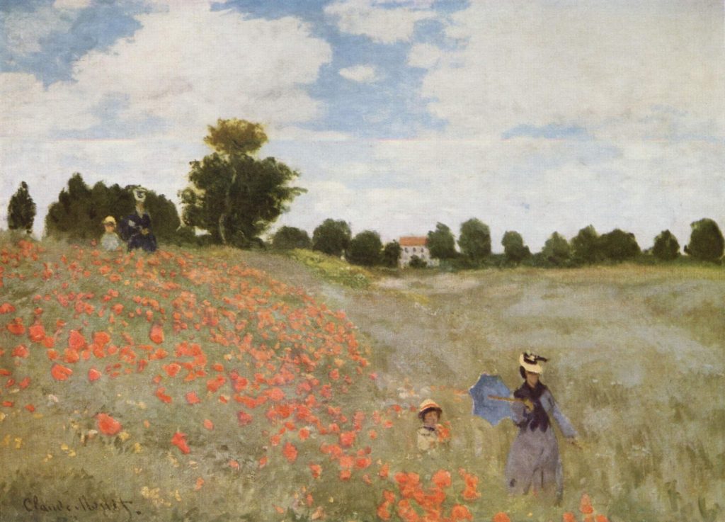 Two sets of women wandering a poppy field, littered with red paint strokes. A house is seen in the background.