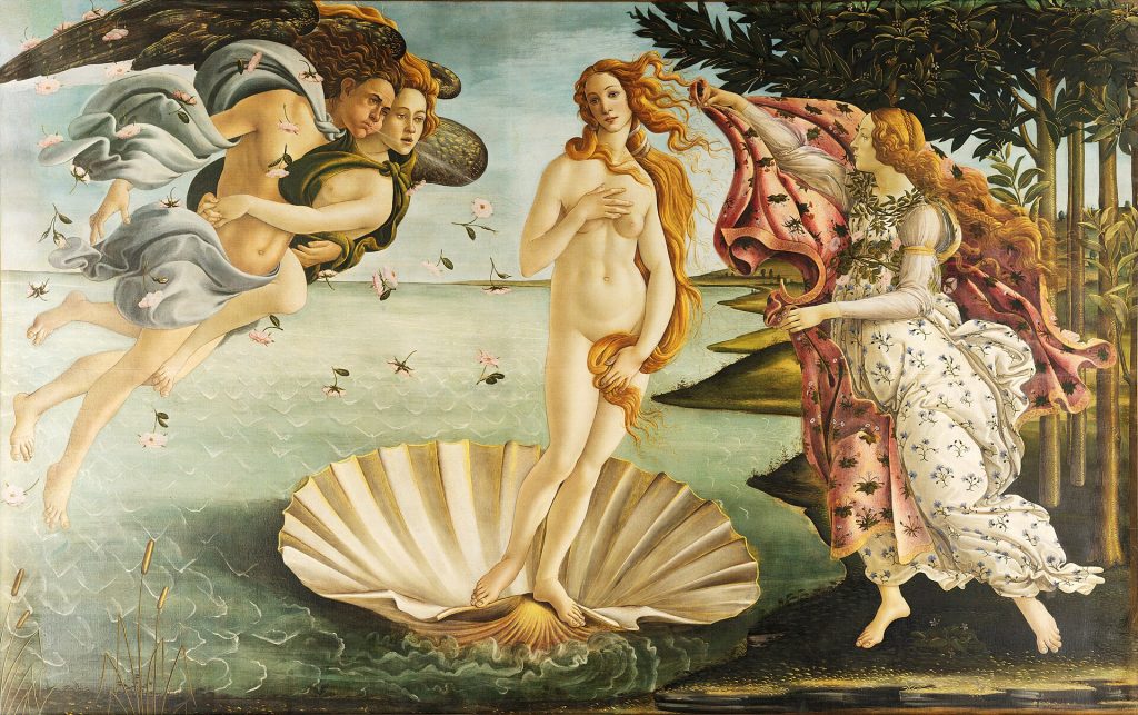 A nude woman stands on an open clam shell before the sea, surrounded by allegorical fantastical figures.