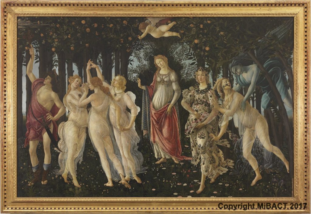 A fantastical scene of mtyhological figures, mostly nude women, standing in a forest clearing.