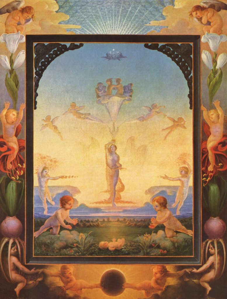A glowing mirrored painting of cherubs in a natural setting, surrounding a central woman figure. Theres a frame within the piece, where other figures are added.