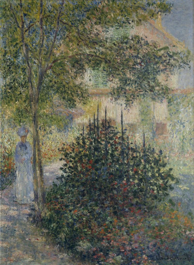A loosely figured painting of a woman, clad in a blue dress, walking by a thick bush before an estate house.