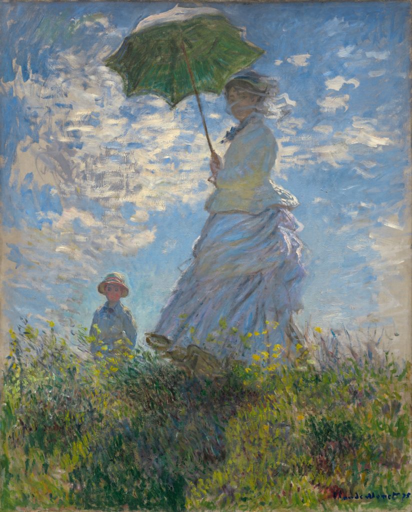 A portrait of a woman clutching a parasol next to a child, standing on a hill. Wind wisps away at them, the woman's veil imitating it's brush strokes.