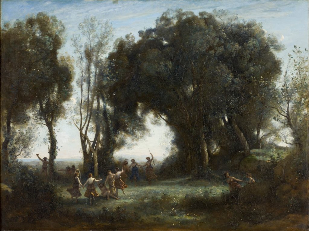 A forest scene of women in coloured dresses dancing below large looming trees.
