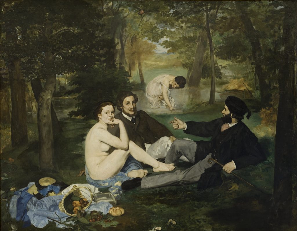 Two women, one nude and one in undergarments, are paired with two fully clothed gentleman in a forest setting. The latter woman bathes in a creek.