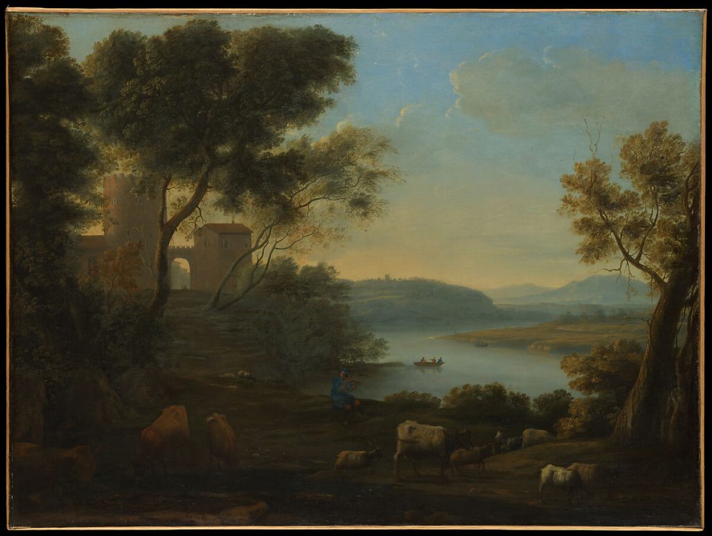 A countryside landscape, a forefront forest submerged in shadows while the background rolling hills suffer the glow of a sunset, or sunrise. Ruins can be observed on the left of the canvas.