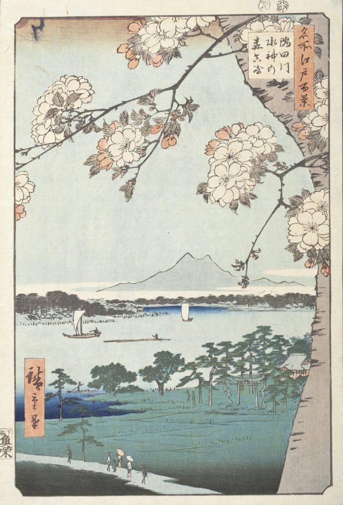 A pale seaside scene of a cherry blossom overlooking on a hill. A crudely sketched mountain is lined in the background.