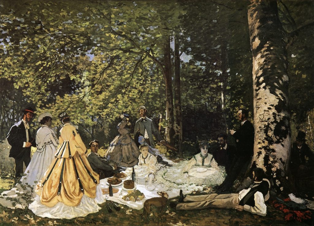 A reimagined Luncheon on the Grass has added figures, nudity no longer present, and sheen lights observed off the greenery and clothes.