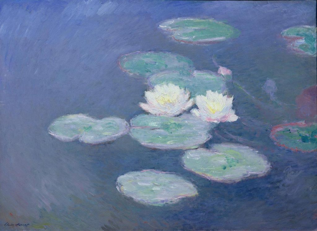 A delicate vignette of painted water lilies on a deep blue pond. The brush strokes are visible.