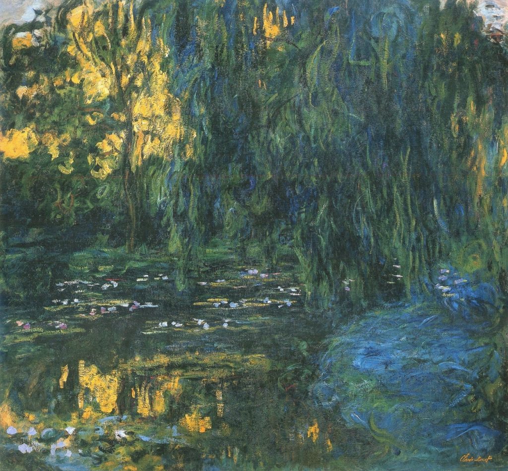 A thick verdant painting of a water lily pond, willows hanging above.