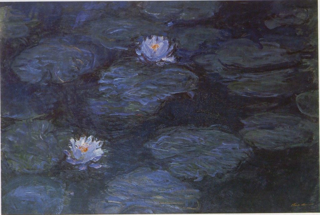 A purple toned painting of water lilies, sprouting pink flowers.