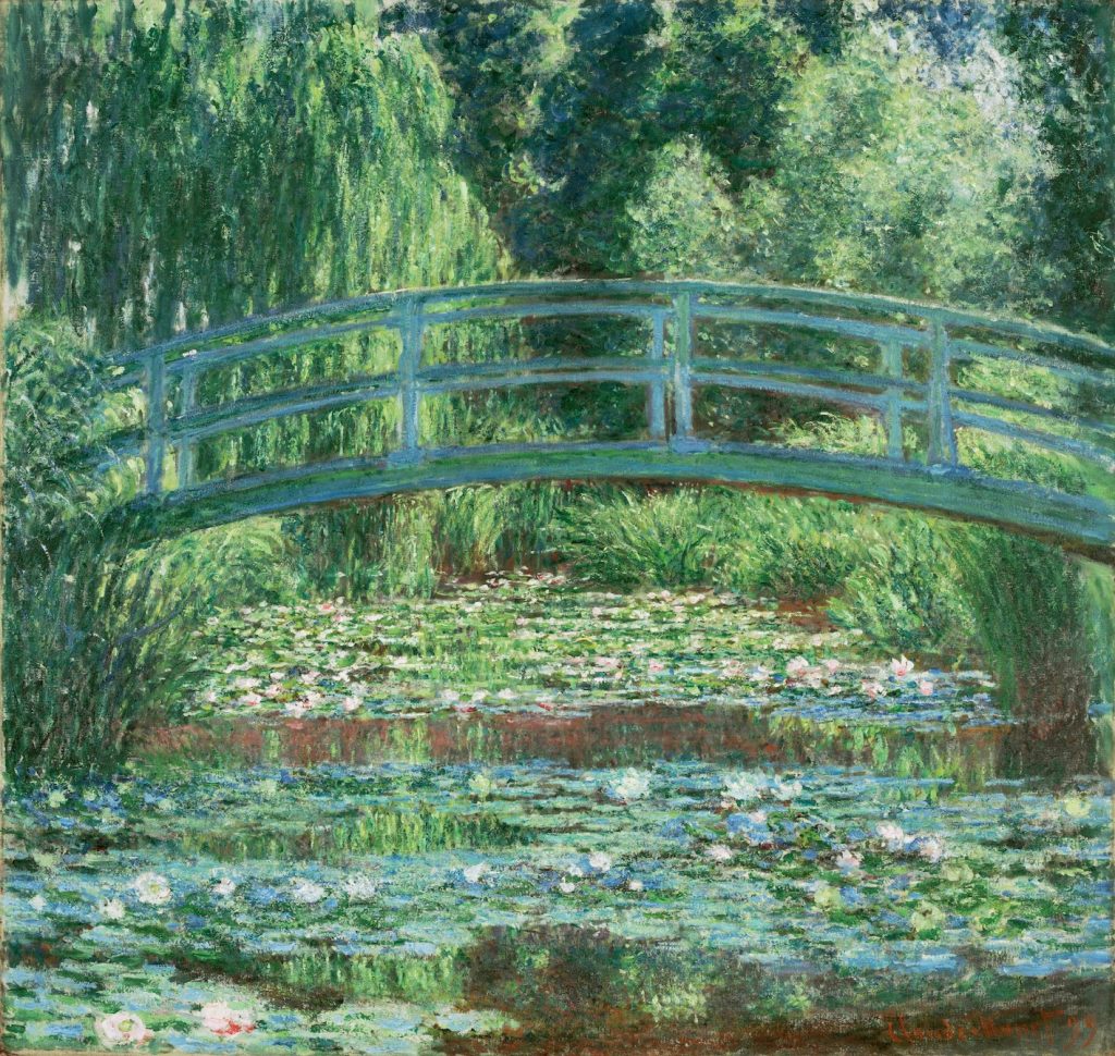 A rendition of the wooden bridge over the water lilies pond in a far looser series of brush strokes.