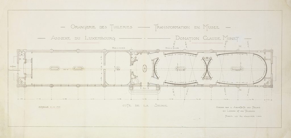 A geometric floorplan of the Orangerie des Tuileries, inscribed with logistical references.