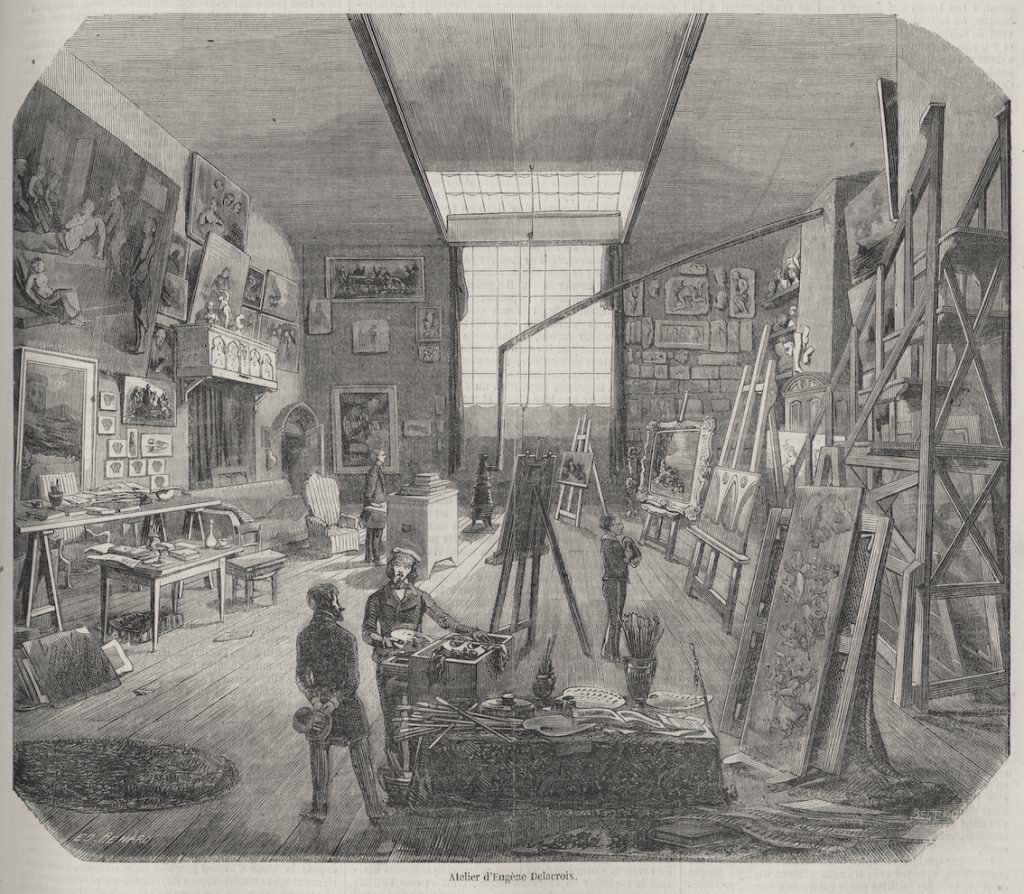 An etching of Delacroix's studio, vast and littered with works in progress. Delacroix is pictured, small and in the forefront.