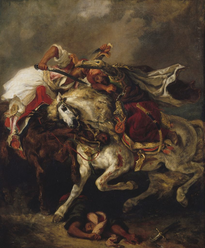 A historical battle scene of two orientalized horse-back warrios, each plunging a sword into the other. The figures are muddled and driving into each other, there is brown brume and scarlet reds used as focal pigments.