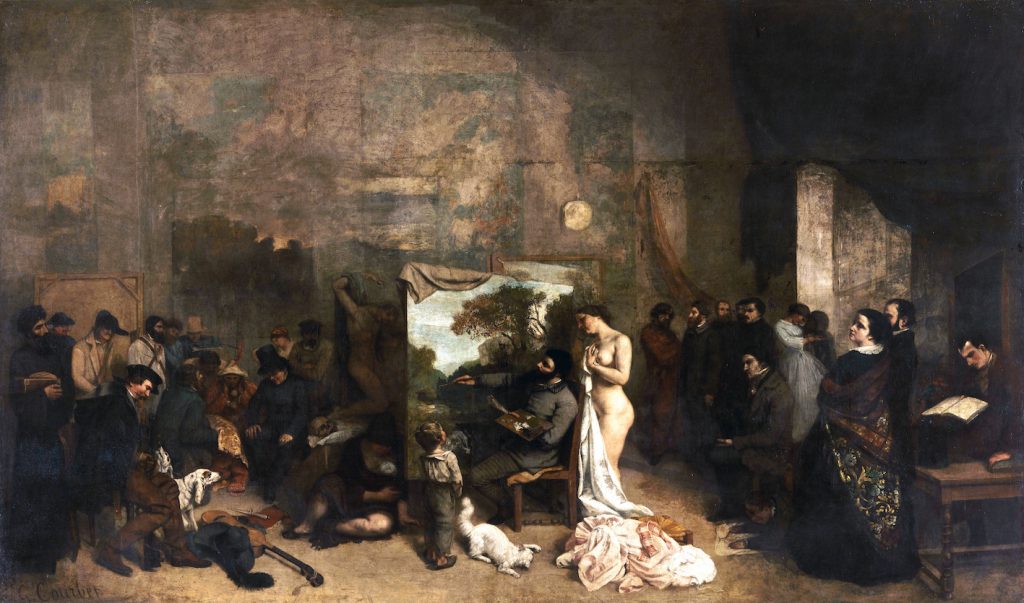An expansive vignette of Courbet's studio, flanked by a nude poser and numerous figures scattered across the room. There are canvases, and Courbet works on a central landscape.